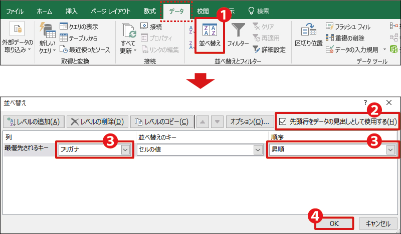 並び エクセル あいうえお 替え 順