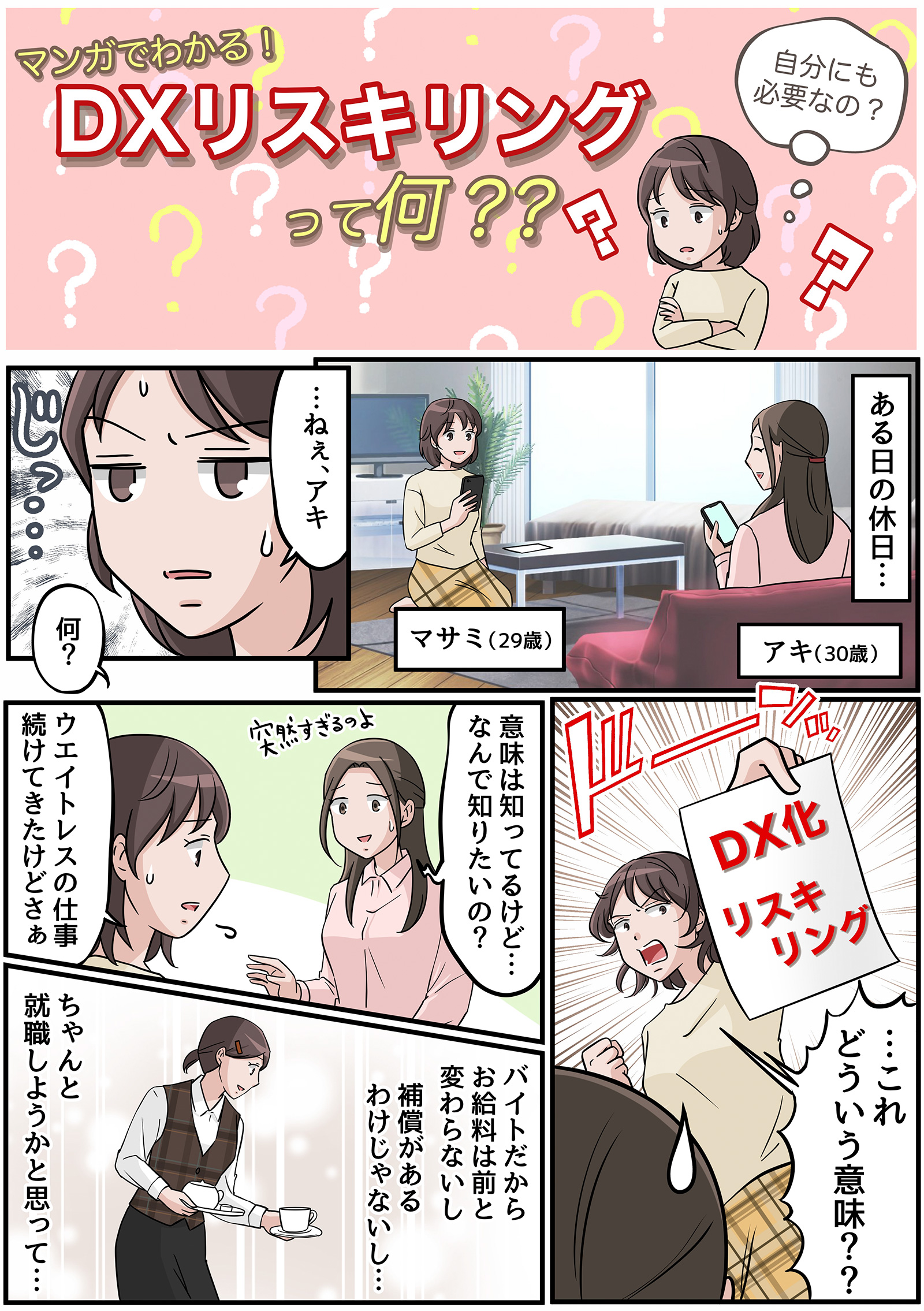 
						マンガでわかる!DXリスキリングって何？自分にも必要なの？
						登場人物
						主人公、マサミ(29歳)、ウェイトレスの仕事をしている。
						アツシ(22歳)、マサミの弟。
						アキ(30歳)、ITやデジタルに詳しいマサミの友人。
						ある休日の昼さがり……
						マサミ「……ねぇ、アキ」
						アキ「何？」
						マサミ「DX化・リスキリングって、どういう意味？？」
						アキ「意味は知ってるけど、なんで知りたいの？」
						マサミ「ウェイトレスの仕事続けてきたけど、バイトだからお給料は前と変わらないし、補償があるわけじゃないし、ちゃんと就職しようかと思って…」