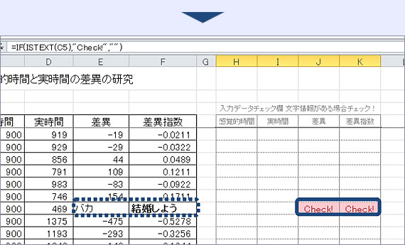 検査対象のセルに文字列(数値以外)が入力されているセルだけに「Check!」というメッセージが