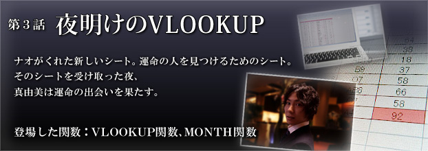 第3話「夜明けのVLOOKUP」ナオがくれた新しいシート。運命の人を見つけるためのシート。そのシートを受け取った夜、真由美は運命の出会いを果たす。（登場した関数：VLOOKUP関数、MONTH関数）